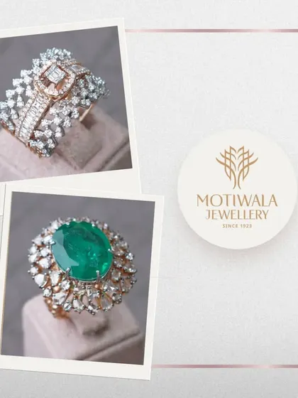 A collage showcasing two of my signature statement rings. One features a bold emerald, while the other is a modern architectural design in diamonds, highlighting the breadth of my collection.