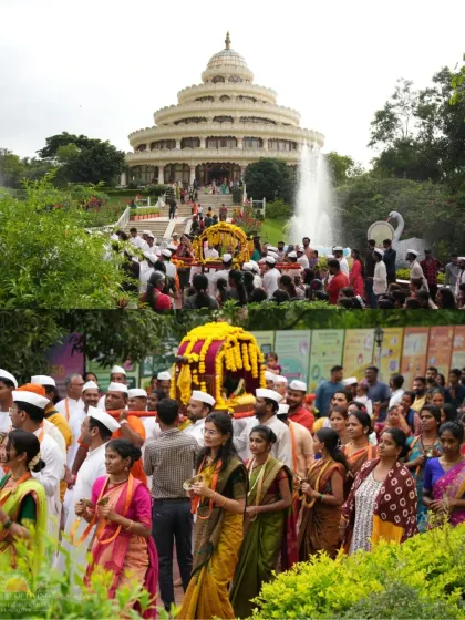 A collage showing the vibrant Ashadhi Ekadashi procession and the joyful devotees. The energy overflows as gratitude echoes in every heart during the satsang.