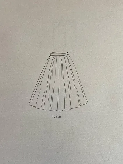 Duplicate of 42. Flat sketches of various skirt types, including pareo, slit, draped, tulle, and mermaid styles.