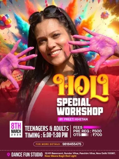Get ready to splash colors with dance. Announcing our Holi Special Workshop to celebrate the festival with grace and energy.