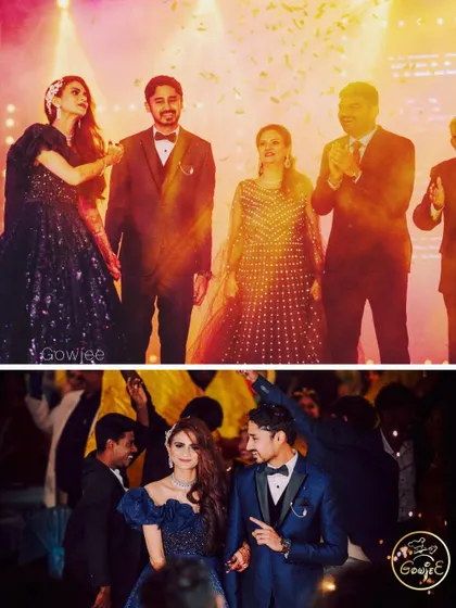 A collage of moments from the reception, including cake cutting and the couple's entrance.