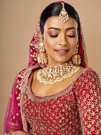 The same stunning red bridal look, showing the beautiful harmony between the makeup, the intricate jewelry, and the traditional red bindi.