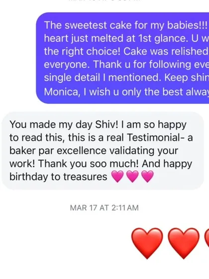"My heart melted at 1st glance. U were the right choice." A beautiful testimonial from a fellow baker for her twins' birthday cake.