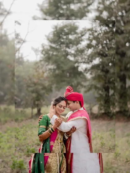 An artistic portrait of the couple framed naturally, highlighting their connection amidst a rustic outdoor setting.