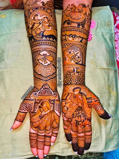 A matching set of bridal portraits on both hands. One arm features the bride in her doli, while the other shows a couple's portrait, creating a balanced and narrative design.