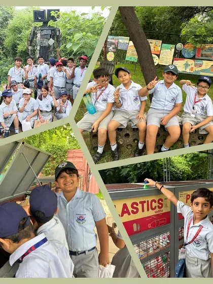 More photos from the Summer Fields School visit, showing students posing with a robot made of recycled materials and actively participating in waste sorting.