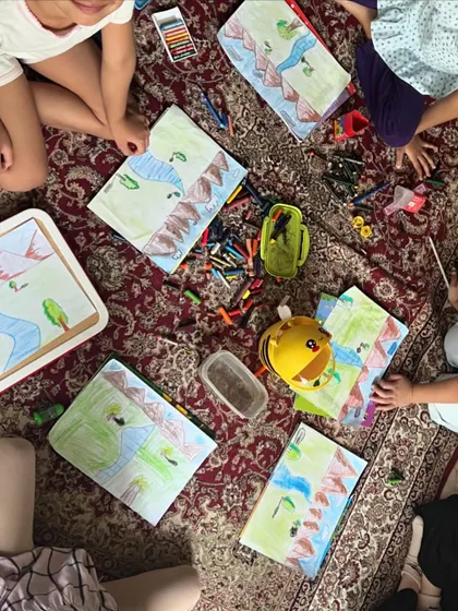 A collection of landscape drawings from our perspective drawing session. The kids learned how to create a sense of depth in their artwork.