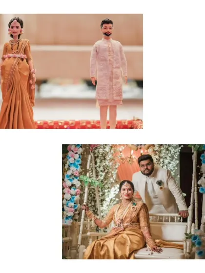 A side-by-side comparison of the real couple on their special day and the custom dolls we created to match their elegant outfits. The resemblance is all in the details.