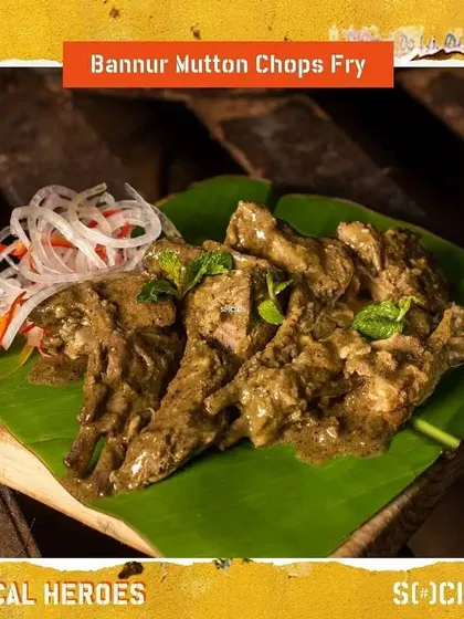 My Bannur Mutton Chops Fry was a highlight of the SOCIAL pop-up menu. This poster showcases the dish, which is slow-cooked in a green masala until tender.