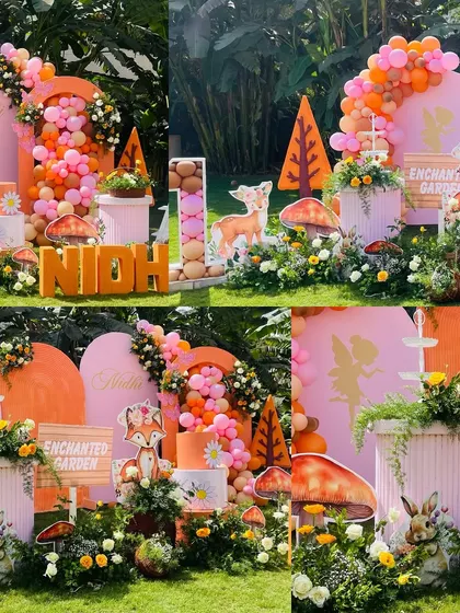 A collage of the vibrant and colorful decor from an enchanted woodland party, featuring a friendly fox, mushrooms, and beautiful floral arrangements.