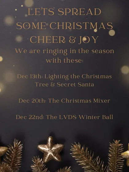 An announcement for our festive season events, including the Christmas Tree Lighting, Christmas Mixer, and the grand LVDS Winter Ball.