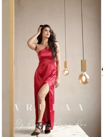 The "Milan Rouge" look. I designed this bold red satin gown with a thigh-high slit and an asymmetric neckline for the gorgeous Reeshma Nanaiah.