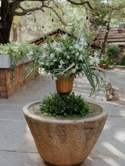 A simple yet elegant floral arrangement in a stone urli, placed in the venue's courtyard.
