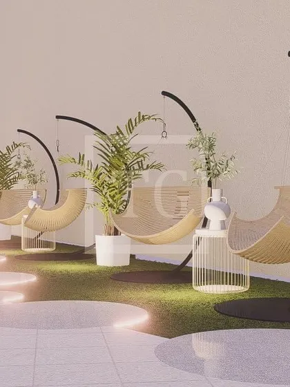 A close-up of the stylish hanging chairs and illuminated floor discs from our hotel project render. These details are crucial for creating a unique and Instagrammable experience for guests.