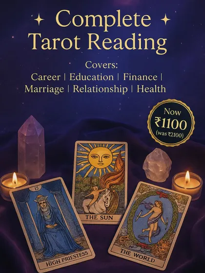 This graphic clearly outlines my complete Tarot reading service. It details all the areas I cover, from career and finance to marriage and health, and provides the pricing for a comprehensive session.