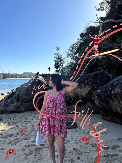 Frills and beach. I added cute crab doodles and a surfer illustration to this beach photo, creating a whole story around the moment.