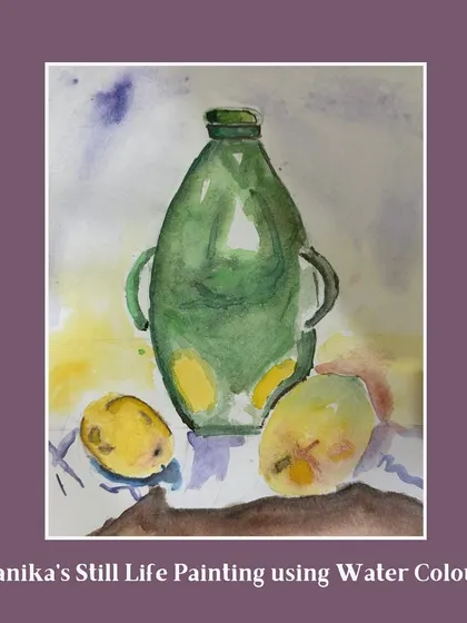 A wonderful still life study of a bottle and fruits by Pranika. This piece shows a good understanding of how to paint transparent objects like glass.