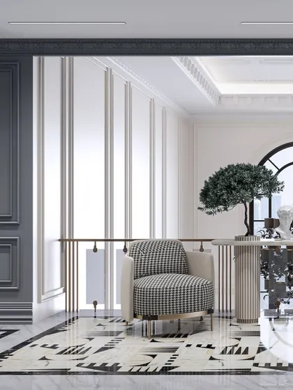 A lobby seating area featuring a bold houndstooth armchair and a sculptural console table. The render focuses on the graphic quality of the geometric marble floor.