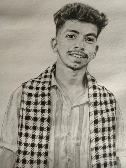 This paid portrait of a man with a checkered scarf was a commission from Chhattisgarh. I ship my artwork all over India.