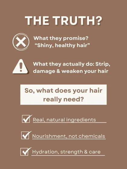 This graphic reveals the truth about many commercial shampoos. They promise shine but actually strip and weaken your hair. Your hair really needs real, natural ingredients and nourishment.