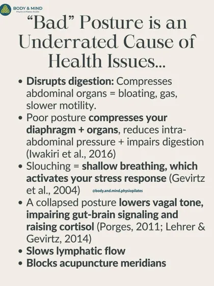 Bad posture is an underrated cause of other health issues, including digestive problems and increased cortisol. Slouching compresses abdominal organs and restricts breathing, activating the body's stress response.