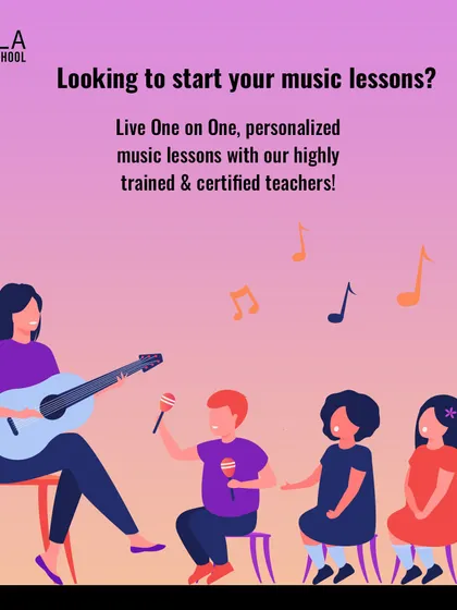 An illustration of a teacher with a guitar and young students. I offer live, one on one personalized music lessons with highly trained and certified teachers.