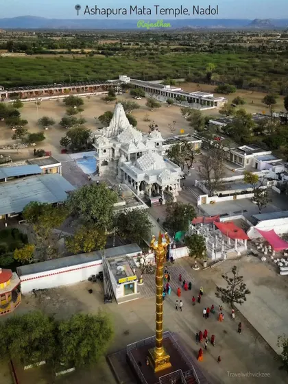 A drone shot of the sprawling Ashapura Mata Temple complex in Nadol, Rajasthan, a vision in white marble.