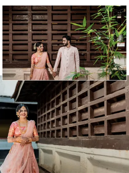 A collage from an engagement shoot, showing the couple walking hand-in-hand and a beautiful solo shot of the bride.