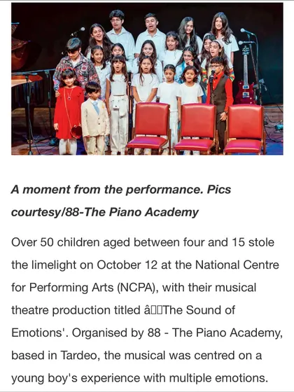 Our 'Sound of Emotions' musical was featured in Mid-day. We are so proud that the story of our 50 young performers exploring their emotions on the NCPA stage was shared with a wider audience.
