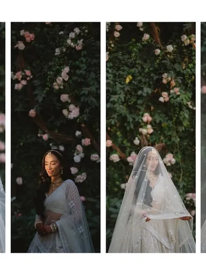 A collage of the bride's portraits, showcasing her beautiful white lehenga against a romantic floral background.