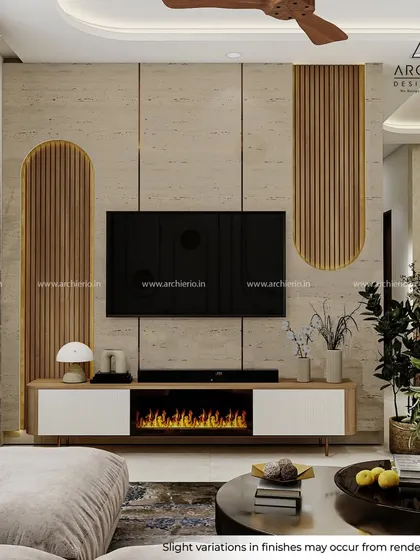 A modern TV unit with an integrated electric fireplace, creating a cozy and inviting atmosphere. The wall paneling combines fluted wood and textured surfaces for a sophisticated look.