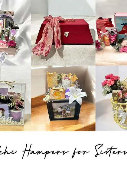 A collage showcasing the variety of Rakhi hampers I create for sisters. From elegant trunk boxes to clear acrylic cases and rustic baskets, there's a style for every taste and budget.