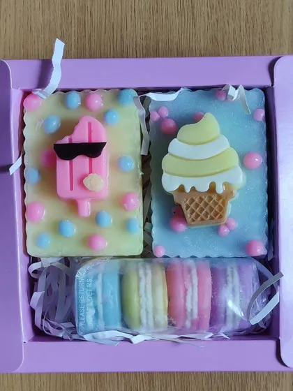 An ice cream and macarons themed gift set, perfect for a summer birthday.