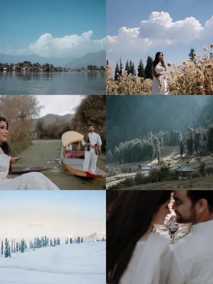 A beautiful collection of images from a Kashmir pre-wedding shoot, showcasing the variety of locations from Dal Lake and shikaras to snowy fields and meadows.