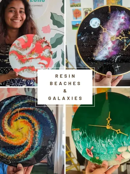 A collage showcasing the incredible variety of resin art you can create with us. Whether you're drawn to the calming blues of a beach scene or the cosmic colors of a distant galaxy, we have a workshop for you.