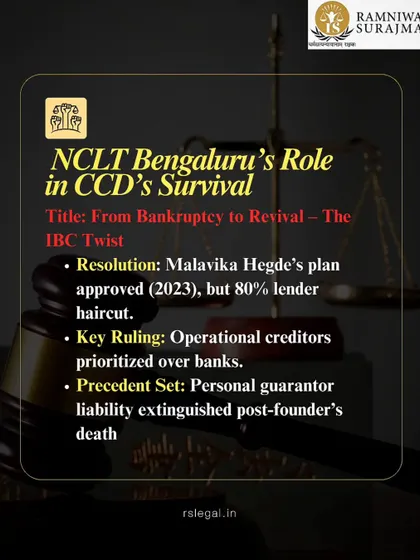 The NCLT Bengaluru played a key role in CCD's survival by approving a resolution plan and setting a precedent on personal guarantor liability after a founder's death. We leverage such key rulings to build strong cases for our clients.