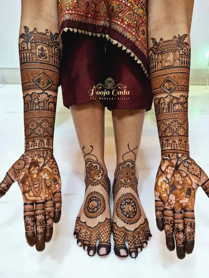 A full bridal look showing how the simple, elegant feet design with lotus mandalas complements the figurative hand mehendi.
