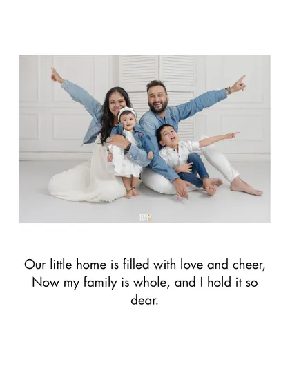 A playful family pose, with everyone pointing in different directions, capturing the fun and dynamic energy of this family of four.