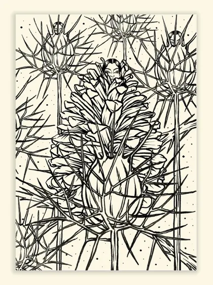 The black and white ink version of 'Self-preservation,' highlighting the intricate line work and the stark contrast between the protective thorns and the serene figure within.