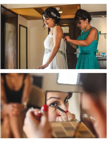 A collage showing the bride getting help with her dress and doing her own makeup.