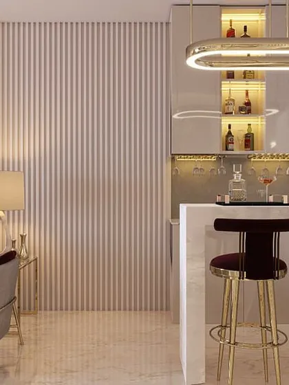 This render highlights the chic home bar area adjacent to the living room, featuring plush velvet stools and elegant overhead lighting.