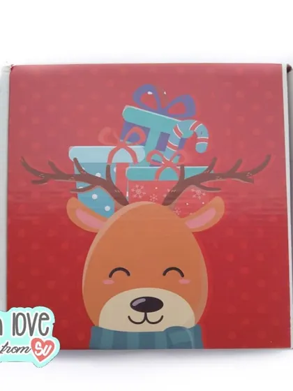 A very cute reindeer is ready to deliver some holiday cheer on this festive goodie box. I can customize these boxes with your brand's logo or a family name with a minimum order of just 10.