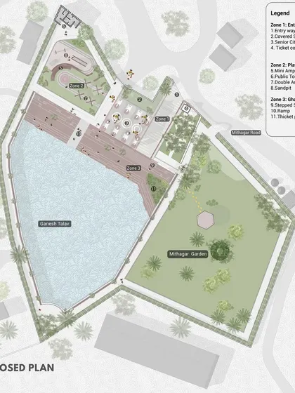The overall proposed plan for Ganesh Talav, showing the three distinct zones: the entrance plaza, the play zone, and the waterfront experience, all integrated with the existing garden.