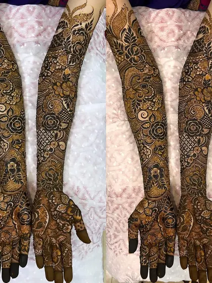 A side-by-side comparison showing the fresh henna and the developing stain of a full bridal design. You can see how the details become richer as the color sets.