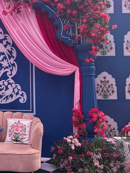 Another angle of the elegant Mehendi seating area, showing the interplay of colors, patterns, and textures that create a rich and inviting space.