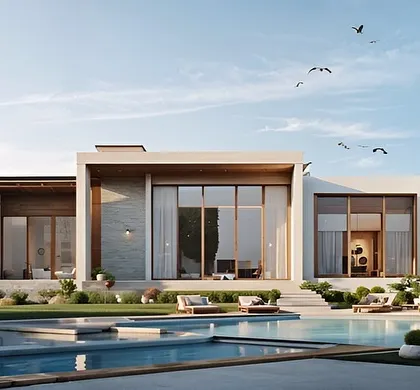 The backyard of this modern villa is an entertainer's dream, with a large pool, multiple seating areas, and a seamless transition from the interior living spaces.