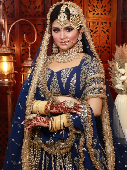 A full-length shot of a bride in a royal blue lehenga, showing how the makeup, hair, and outfit come together to create a show-stopping look.