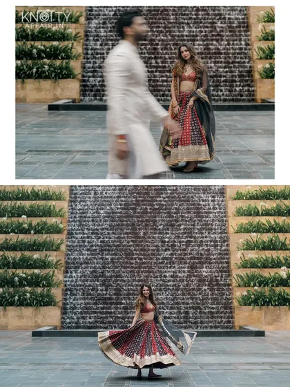 A playful twirl against a stunning waterfall backdrop. This shot captures Malvika's joyful spirit and the beauty of her ajrakh print lehenga, creating a vibrant and lively pre-wedding portrait.