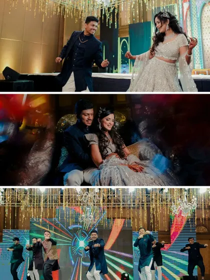 A collage from a grand Sangeet night, showing the couple's dance performance, a creative portrait, and the groomsmen's energetic group dance on a large LED stage.