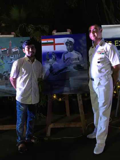 Standing with a senior officer from the Indian Navy next to my painting on the 1971 war. This was part of the Navy Day exhibition at INS Hamla, a collaboration with Sir J. J. School of Art.